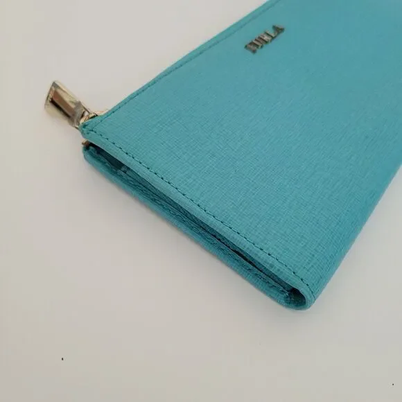 Furla Italian Zip Around Wallet Large Geniue Leather Tiffany Blue Designer Logo - Picture 10 of 10